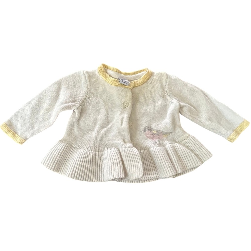 Baby Gap Bird Graphic Peplum Knit Cardigan Sweater Cream Yellow Trim Size 0-6M